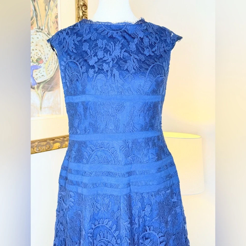 Adrianna Papell Blue Lace Fit & Flare Dress Size 8 Cocktail Party Wedding - Picture 3 of 16